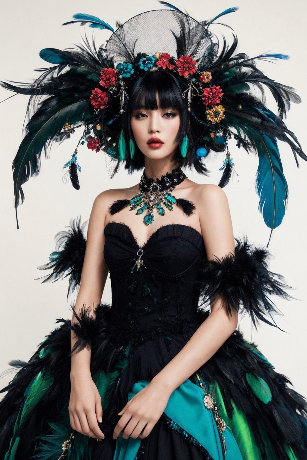 00171-501008234-4805-a woman in a blue dress with black hair, in style of tim walker, intricately detailed clothing, toyism, feather-adorned, green a.png